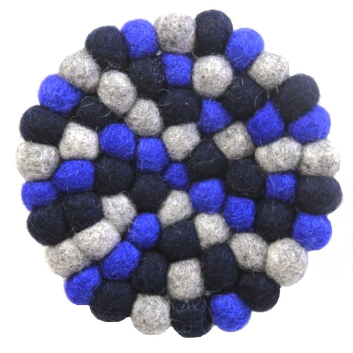 Hand Crafted Felt Ball Trivets from Nepal: Round, Dark Blues - Global Groove (T) - Culture Kraze Marketplace.com