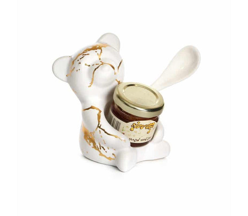 Rosh Hashanah Ceramic Honey Dish, Bear with Honey and Spoon - White and Gold - Culture Kraze Marketplace.com