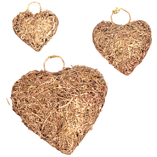 <center>Recycled Copper Heart Ornaments </br>Crafted by Artisans in India </br>Small - 2”h x 1-3/4”w x 3/4”d</br> Medium - 2-3/4”h x 2-1/4”w x 1”d</br>Large - 3-1/4”h x 3”w x 1”d</center>