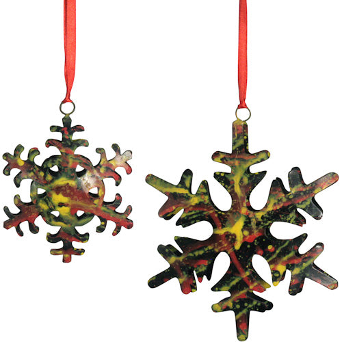 <center>Upcycled Metal Snowflake Ornaments </br>Crafted by Artisans in India </br>Small - 4-1/4” high x 3-1/2” wide x 3/4" deep</br>Large - 6” high x 5-1/4” wide x 1" deep</center>