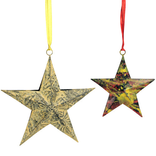 <center>Upcycled Metal 5 Point Star Ornaments </br>Crafted by Artisans in India </br>Large Yellow - 6-1/4” high x 6-1/4” wide x 1 1/2" deep</br>Small Yellow & Red - 4-1/4” high x 4-1/4” wide x 3/4" deep</center>
