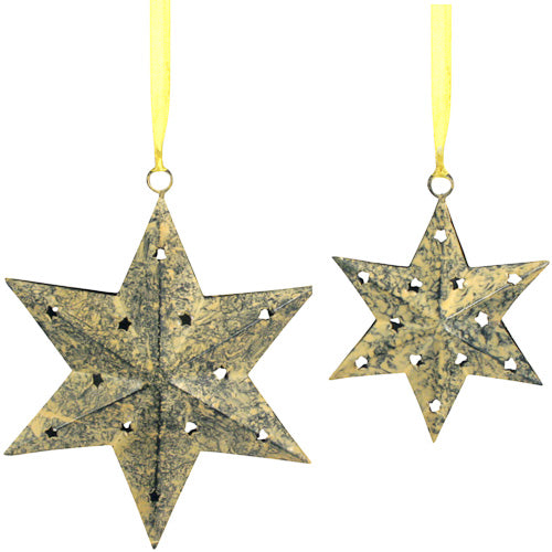 <center>Recycled Metal 6 Point Star Ornaments </br>Crafted by Artisans in India </br> Large measures 6-1/2” high </br> Small measures 4” high</center>