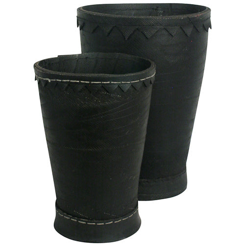<center>Recycled Tire Planter Pots </br>Crafted by Artisans in India </br> Large measures 11-1/4” high </br> Small measures 9-1/4” high</center>