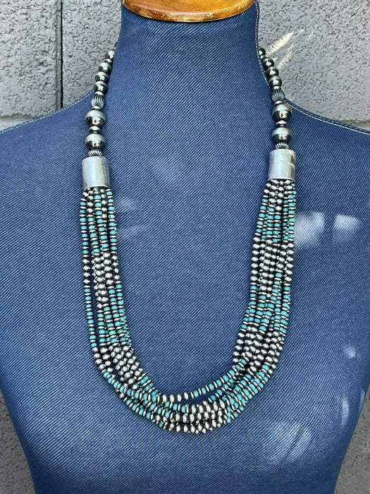 Navajo Sterling Silver & Turquoise Beaded 10 Strand Necklace - Culture Kraze Marketplace.com