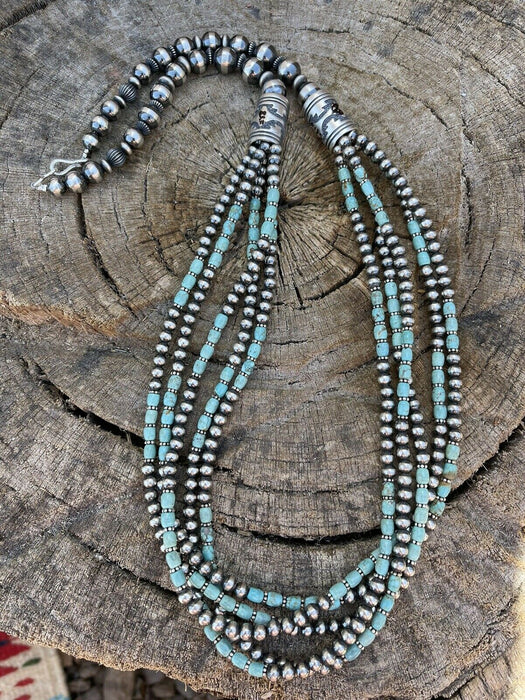 Navajo Royston Turquoise & Sterling Silver graduated 5 strand Beaded Necklace