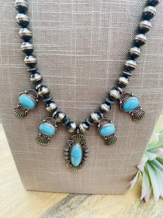 Navajo Turquoise & Sterling Silver Beaded Necklace Signed - Culture Kraze Marketplace.com