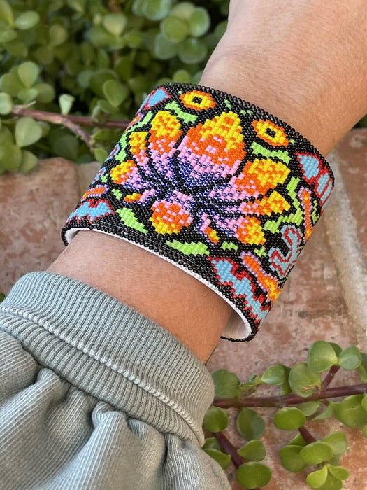 Navajo Handmade Beaded Flower Lotus Cuff Bracelet - Culture Kraze Marketplace.com