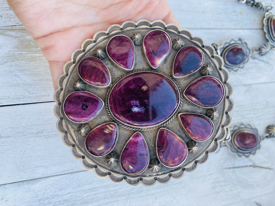 Vintage Navajo Purple Spiny Oyster & Sterling Silver Cluster Necklace Signed