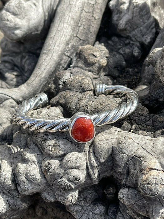Sterling Silver Rope Twist Natural Red Coral Cuff Bracelet