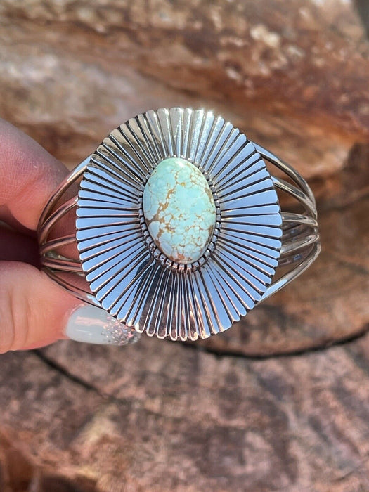 Navajo Handmade Sterling Silver & Number 8 Turquoise Signed Lined Cuff Signed