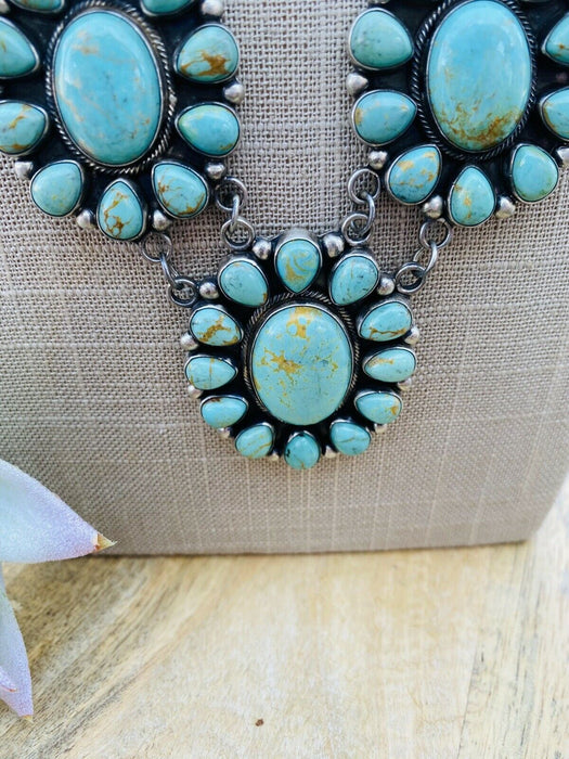 Navajo Carico Lake Turquoise & Sterling Silver Cluster Necklace Signed
