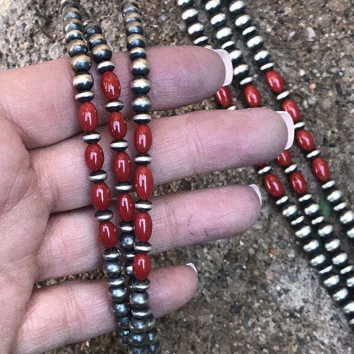 Navajo Natural Red Coral & Sterling Silver Naja Necklace