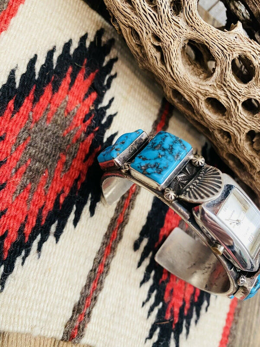 Vintage Navajo Turquoise & Sterling Silver Watch Cuff Signed