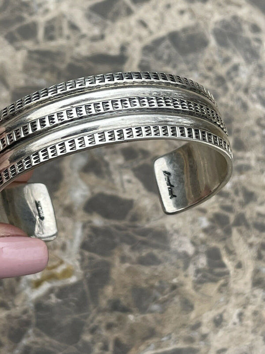 Navajo Sterling Silver Tribal Style Hand Stamped Bracelet Cuff Signed