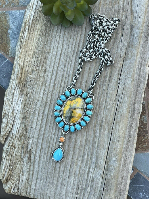Navajo Bumblebee , Spiny & Turquoise Sterling Drop Cluster Necklace Signed