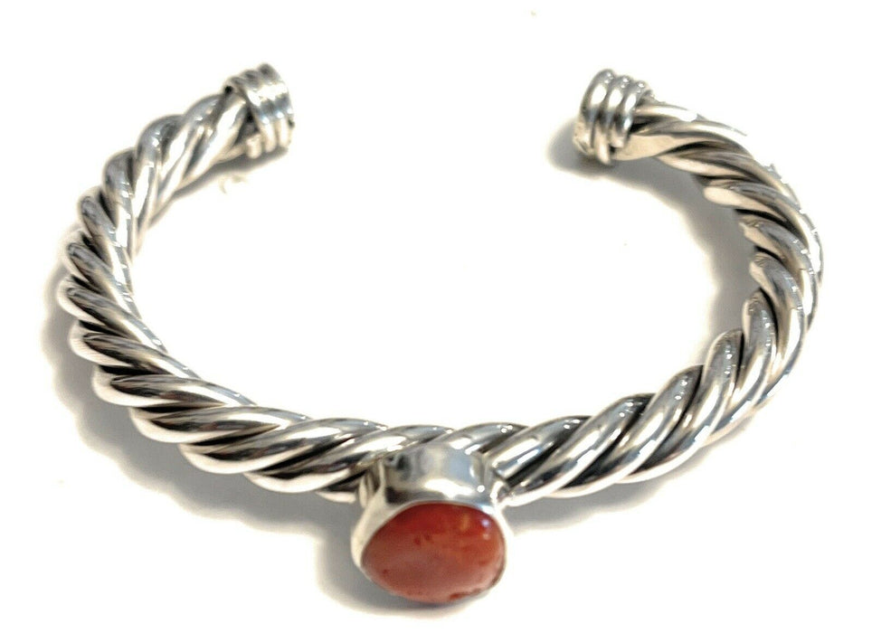 Sterling Silver Rope Twist Natural Red Coral Cuff Bracelet