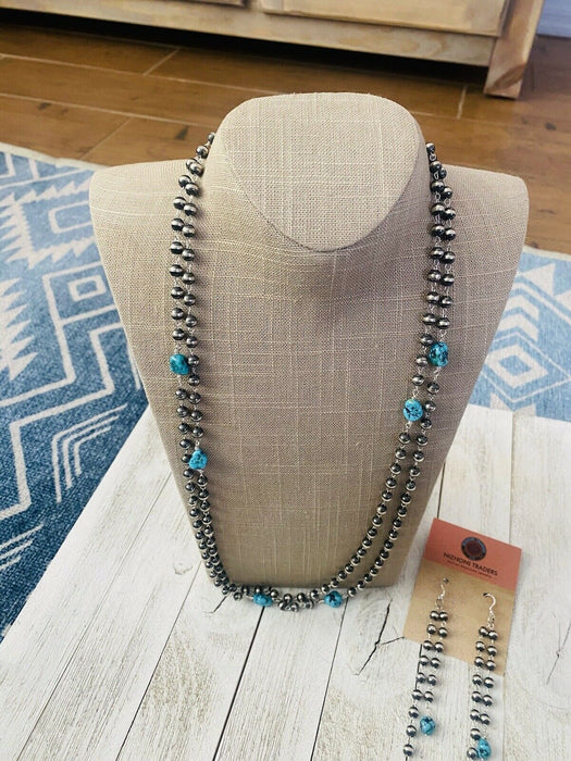 Navajo Kingman Turquoise & Sterling Silver Pearl Beaded Necklace Set - Culture Kraze Marketplace.com
