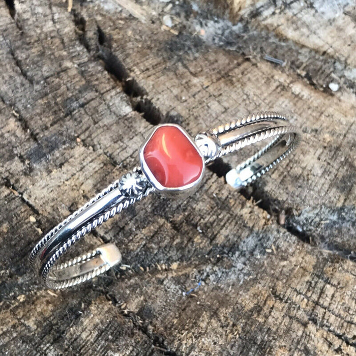 Sterling Silver Natural Red Coral Stacker Cuff Bracelet