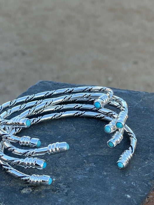 Navajo Sterling Silver & Turquoise Twisted Rope Stacker Bracelet Cuff 1/8”