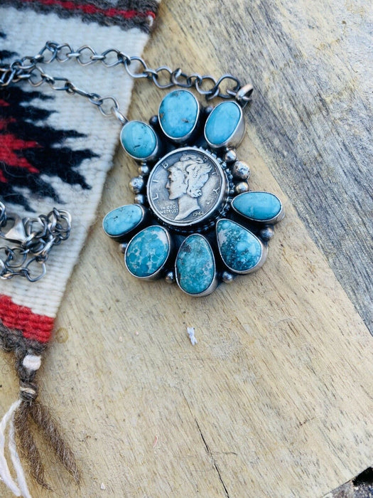 Navajo Sterling Silver & Carico LakeTurquoise Liberty Coin Necklace