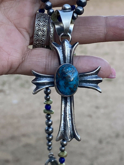 Navajo Morenci  Turquoise & Sterling Silver Cross Pendant By Chimney Butte - Culture Kraze Marketplace.com