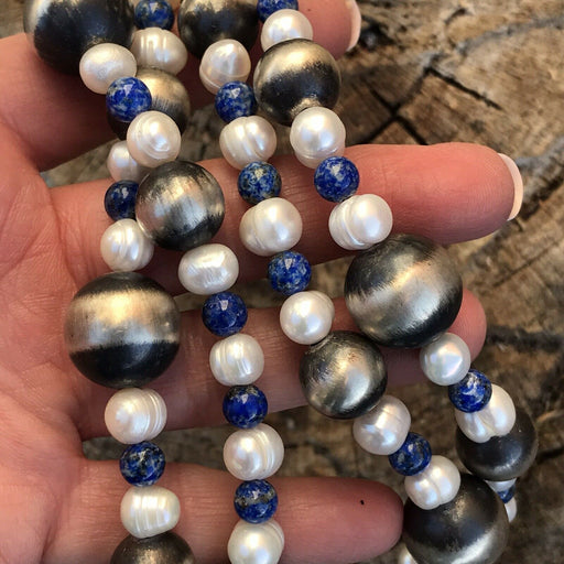 Navajo Sterling Silver Pearl And Lapis Handmade Beaded Necklace - Culture Kraze Marketplace.com
