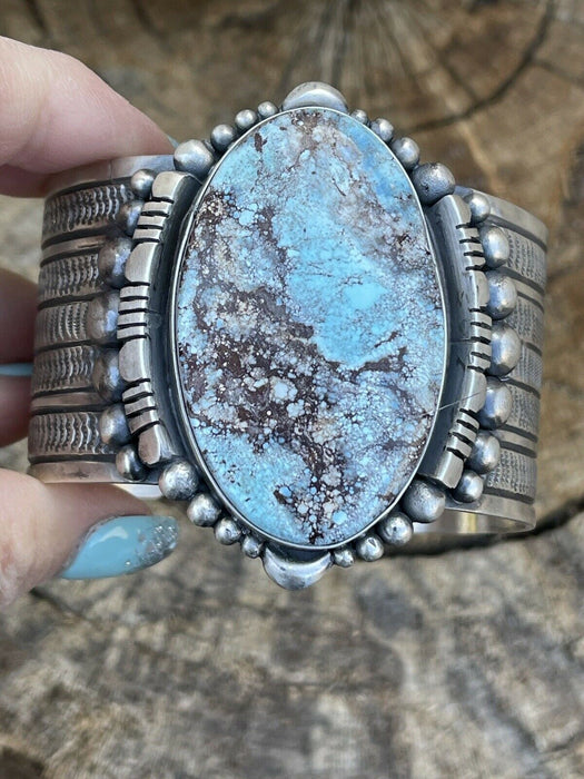 Navajo Handmade Sterling Silver & Number 8 Turquoise Signed Cuff Signed