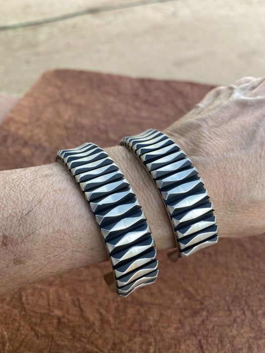 Leander Tahe Hand Stamped Sterling Navajo Bracelet Signed