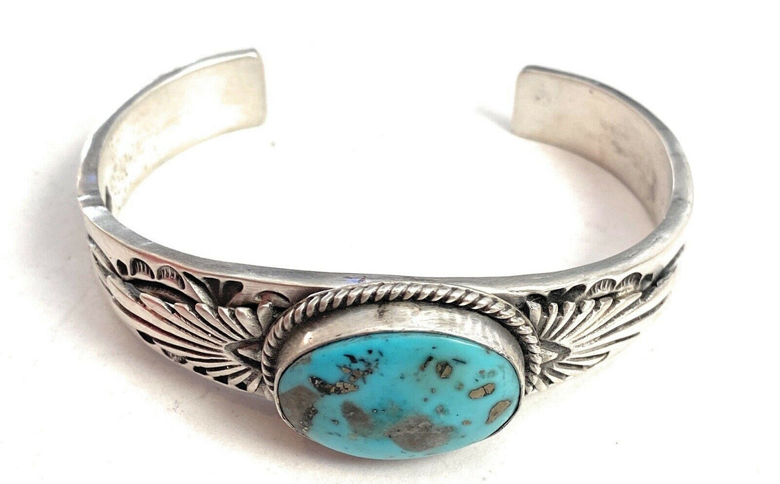 Navajo Sterling Silver & Royston Turquoise Cuff Bracelet Signed