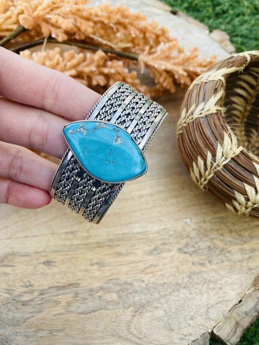 Navajo Hand Stamped Sterling Silver & Royston Turquoise Cuff Bracelet Signed
