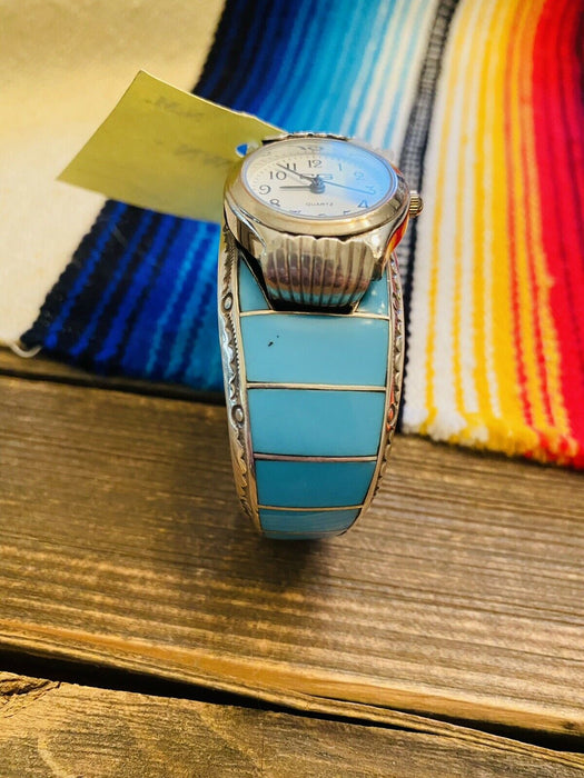 Vintage Navajo Turquoise & Sterling Silver Inlay Watch Cuff Signed