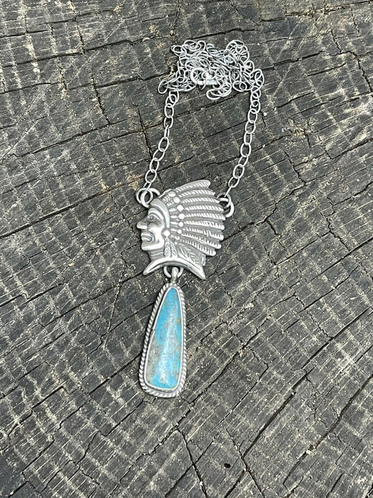 Navajo Sterling Silver Indian Chief Royston Turquoise Drop Necklace