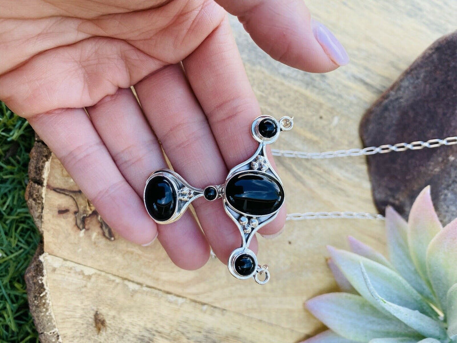 Navajo Handmade Sterling Silver & Black Onyx Necklace Signed