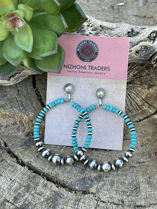 Navajo Sterling Silver Turquoise Stone Post Hoop Earrings - Culture Kraze Marketplace.com