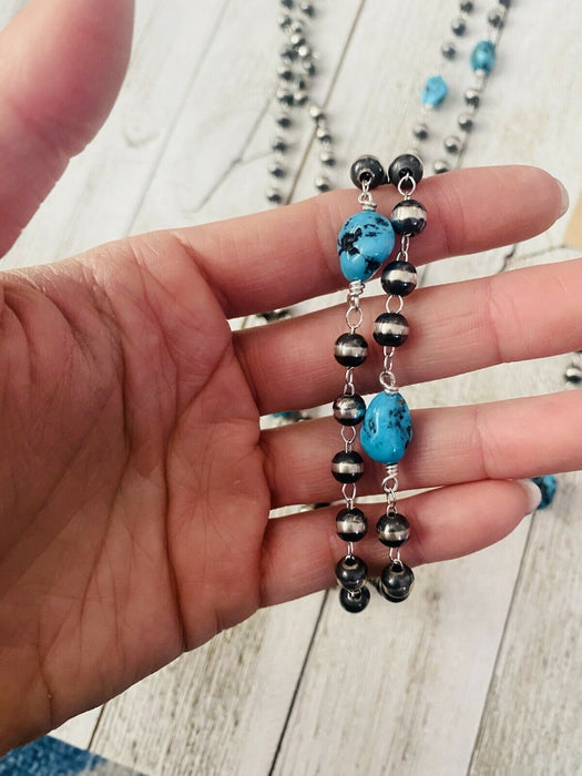 Navajo Kingman Turquoise & Sterling Silver Pearl Beaded Necklace Set - Culture Kraze Marketplace.com