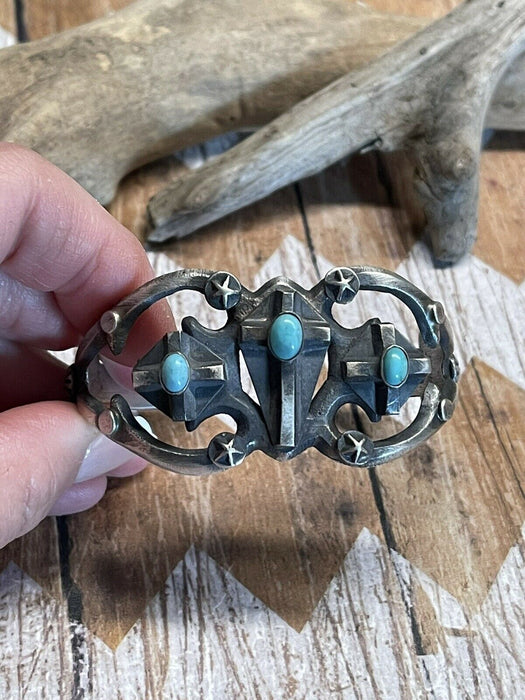 Navajo Sterling Silver Turquoise Cross Cuff Bracelet By Chimney Butte Signed