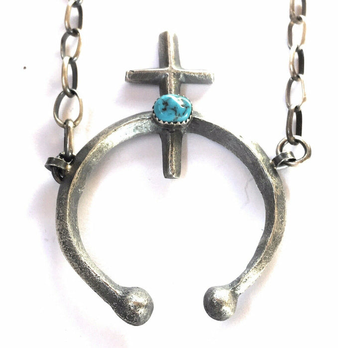 Navajo Turquoise  Sterling Silver Naja Cross Necklace Signed
