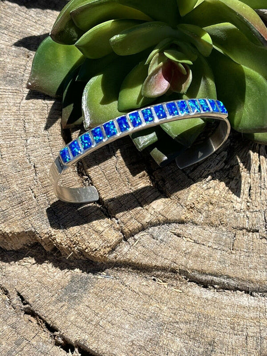Navajo Sterling Silver & Blue Opal Cuff Bracelet Stamped Sterling