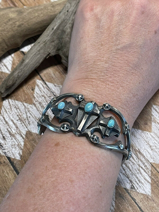 Navajo Sterling Silver Turquoise Cross Cuff Bracelet By Chimney Butte Signed