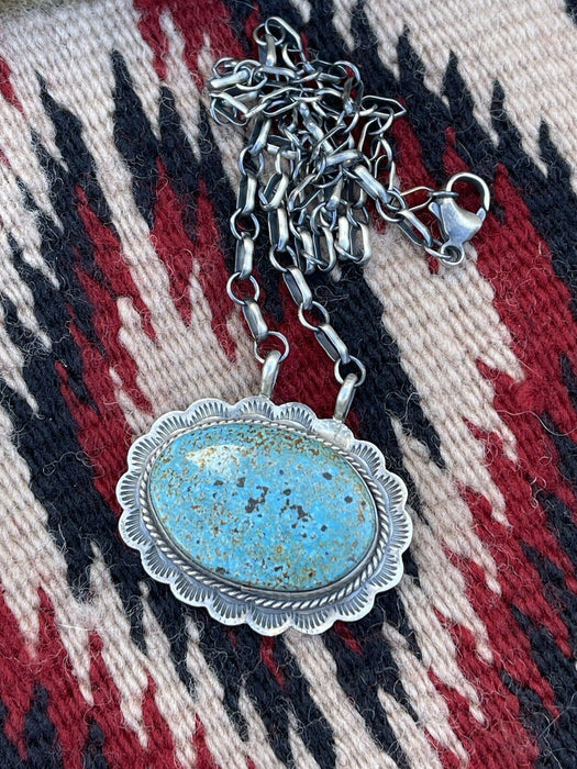 Navajo Sterling Silver & Royston Turquoise Stone Southwest Necklace Signed