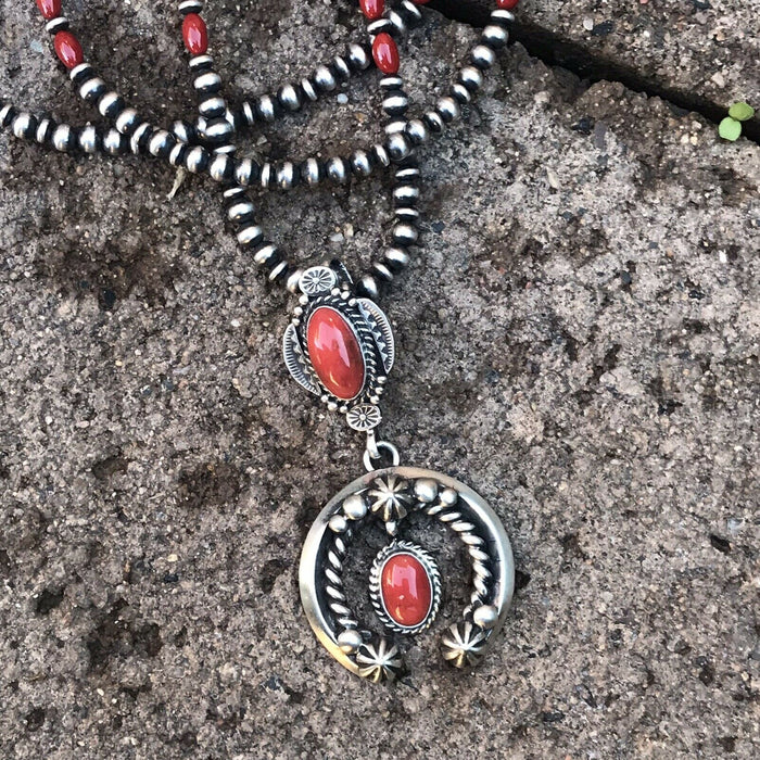Navajo Natural Red Coral & Sterling Silver Naja Necklace