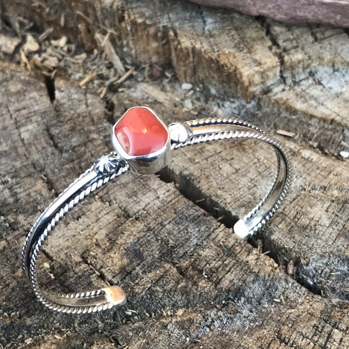 Sterling Silver Natural Red Coral Stacker Cuff Bracelet