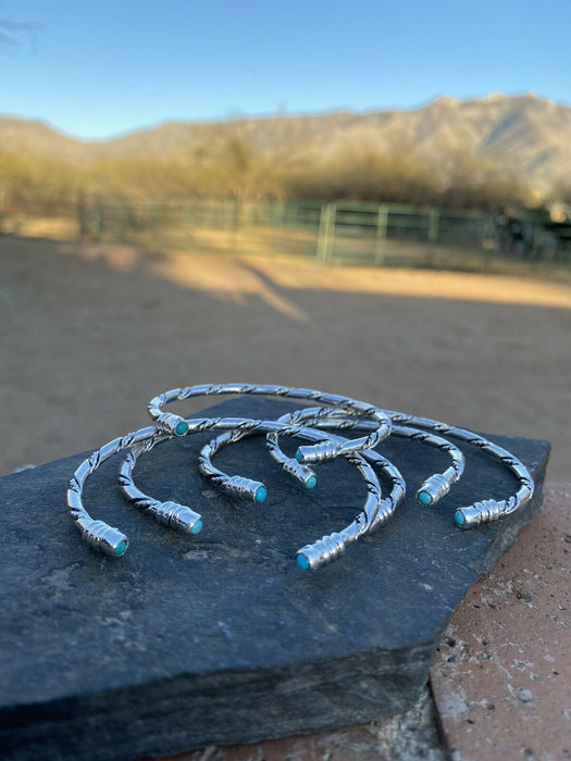 Navajo Sterling Silver & Turquoise Twisted Rope Stacker Bracelet Cuff 1/8”