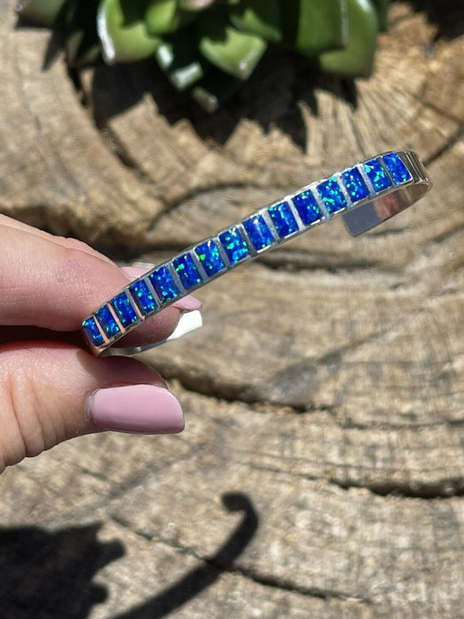 Navajo Sterling Silver & Blue Opal Cuff Bracelet Stamped Sterling