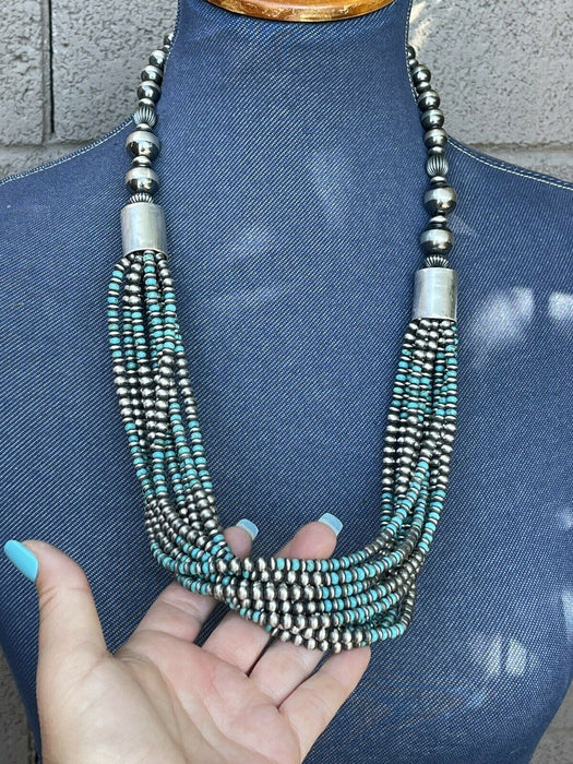 Navajo Sterling Silver & Turquoise Beaded 10 Strand Necklace
