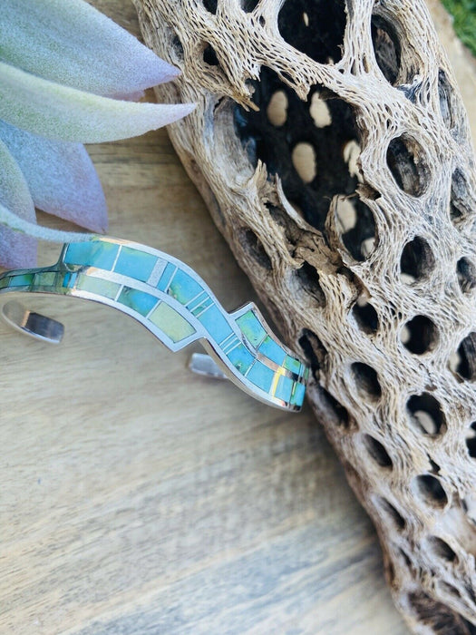 Navajo Sonoran Mountain Turquoise & Sterling Silver Inlay Cuff Bracelet