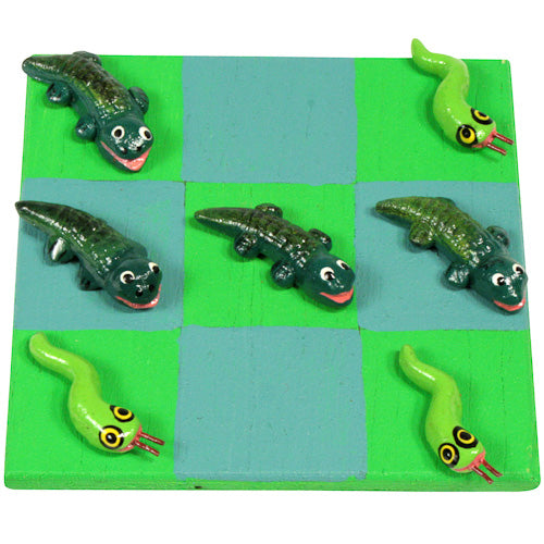 <center>Crocodile vs. Serpent Tic-Tac-Toe Game crafted by Artisans in Guatemala </br> Each Board  Measures 3-1/2” x 3-1/2”, with 1/4-3/4” game pieces</center>