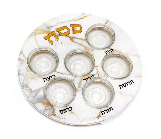 Pesach Passover Seder Plate with Six Glass Bowls - White and Gold Marble Design - Culture Kraze Marketplace.com