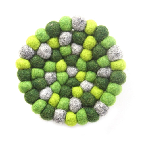 Hand Crafted Felt Ball Trivets from Nepal: Round Chakra, Greens - Global Groove (T) - Culture Kraze Marketplace.com