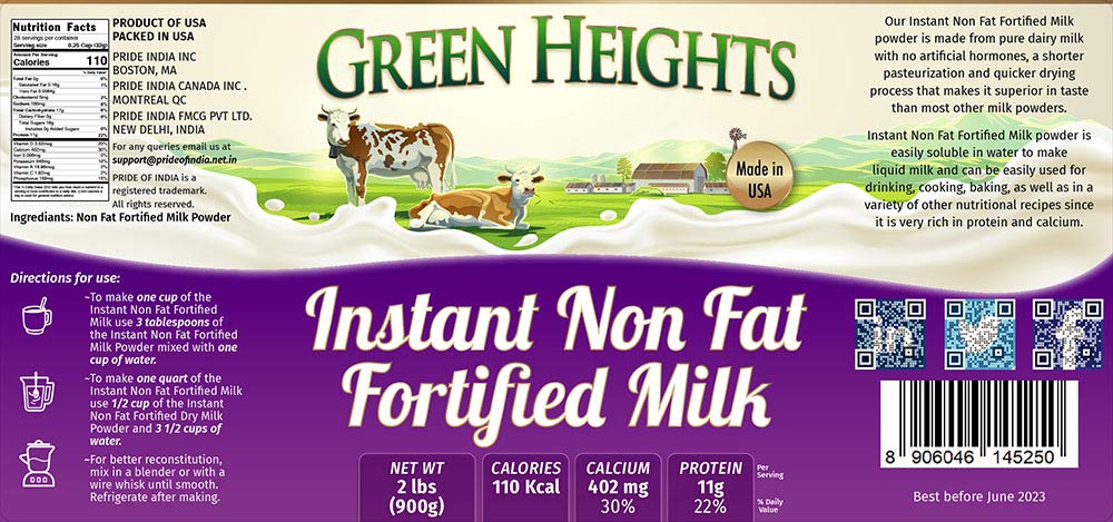 Instant Fortified Nonfat Milk Powder Jar 2 Pound / 900 GMS Jar by Green Heights-2